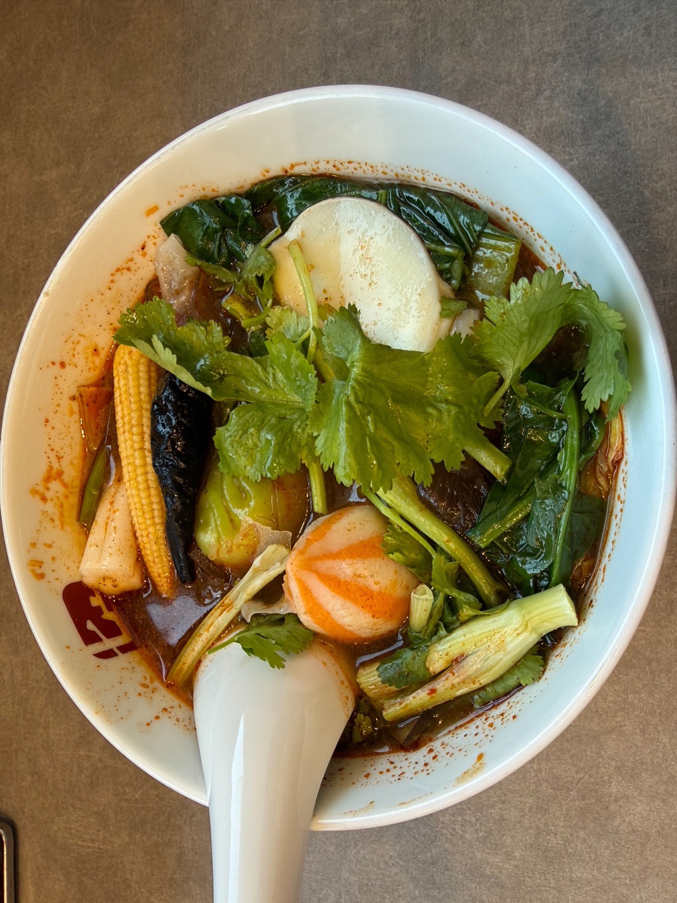 極薬膳・強壮を加えた特注スープ。立ち上る湯気と赤いオイルが食欲をそそる