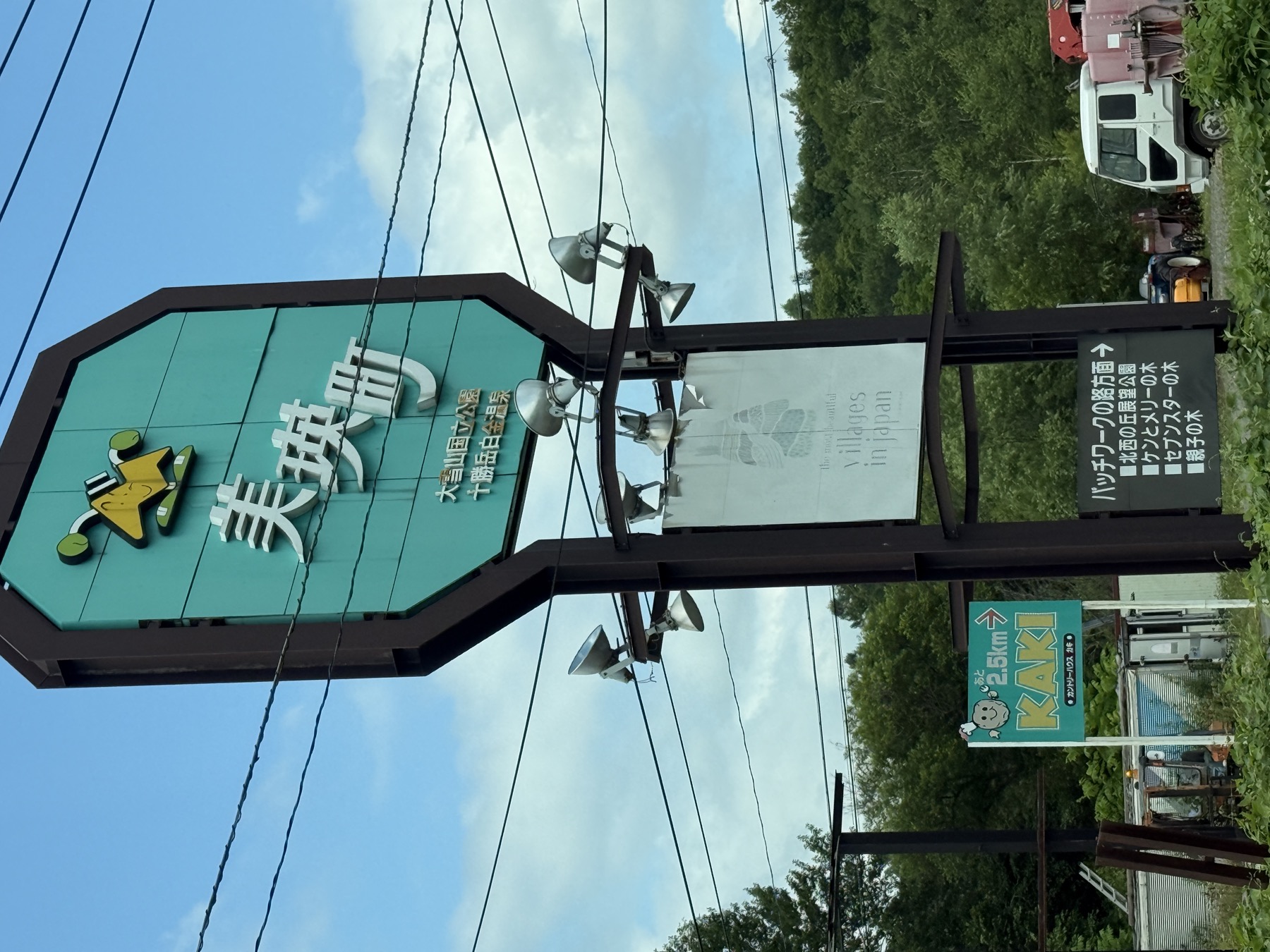 青い池の遊歩道から見た景色。晴天の青空のもと、青く澄んだ水面と立ち枯れた木々が並ぶ